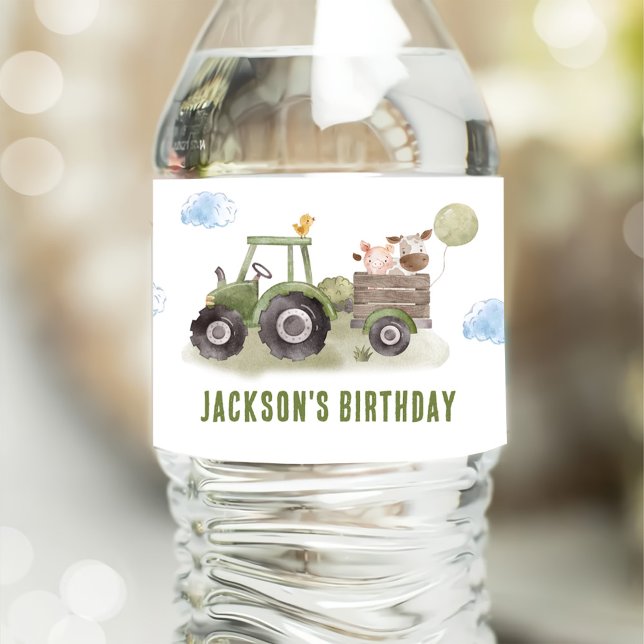 Watercolor Tractor Farm 1st Birthday  Water Bottle Label (Creator Uploaded)