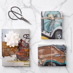Watercolor Tractor, Truck and Semi Wrapping Paper Sheet