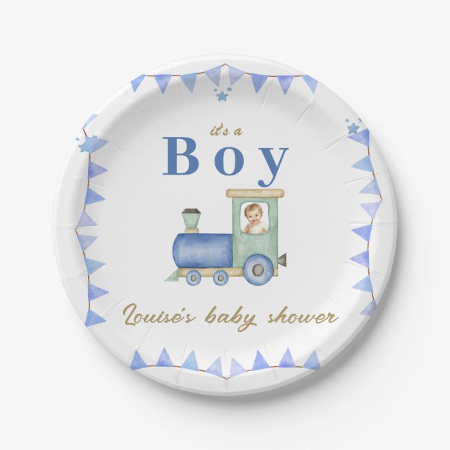 Watercolor Train Baby Shower Paper Plate (Front)