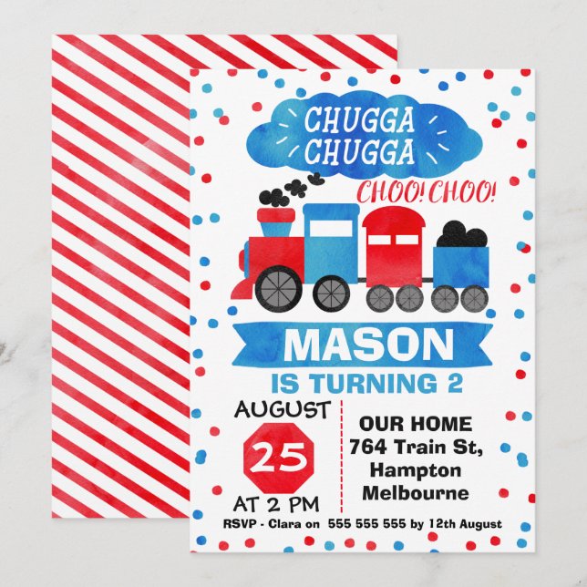 Watercolor Train Birthday Party Invitation (Front/Back)