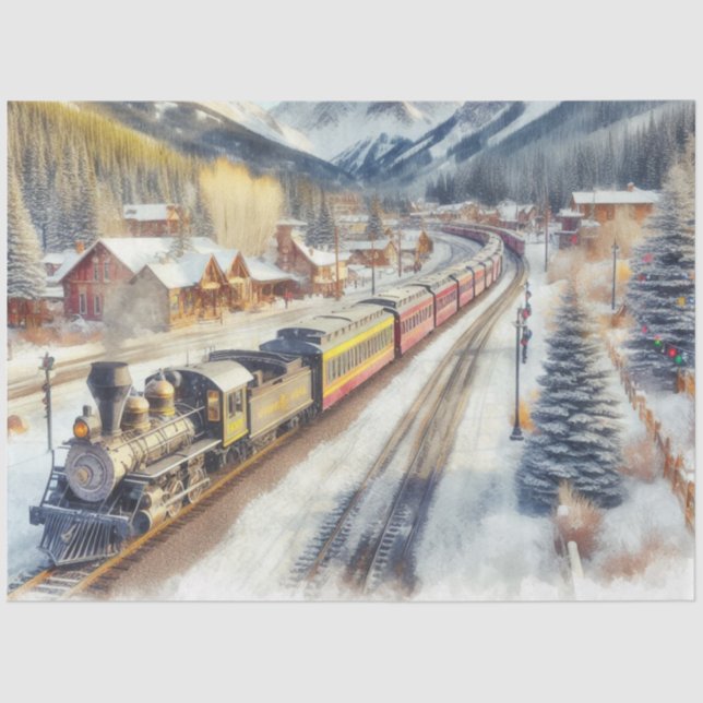 Watercolor Train in Winter with Snow Tissue Paper (Front)