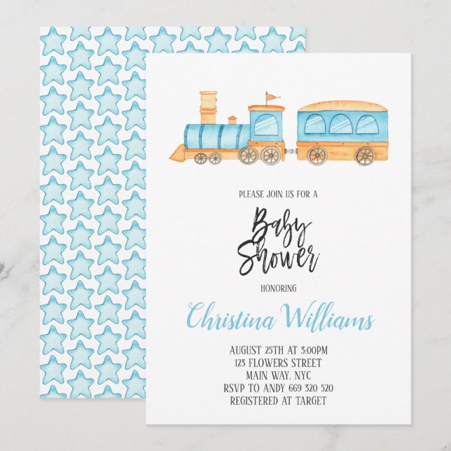 Watercolor Train Toys Boy Baby Shower Blue Invitation (Front/Back)