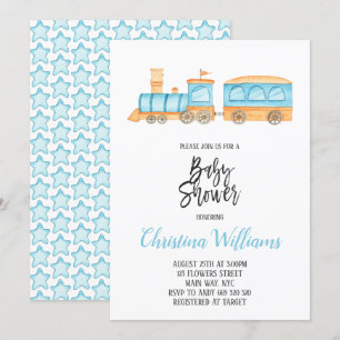 Watercolor Train Toys Boy Baby Shower Blue Invitation