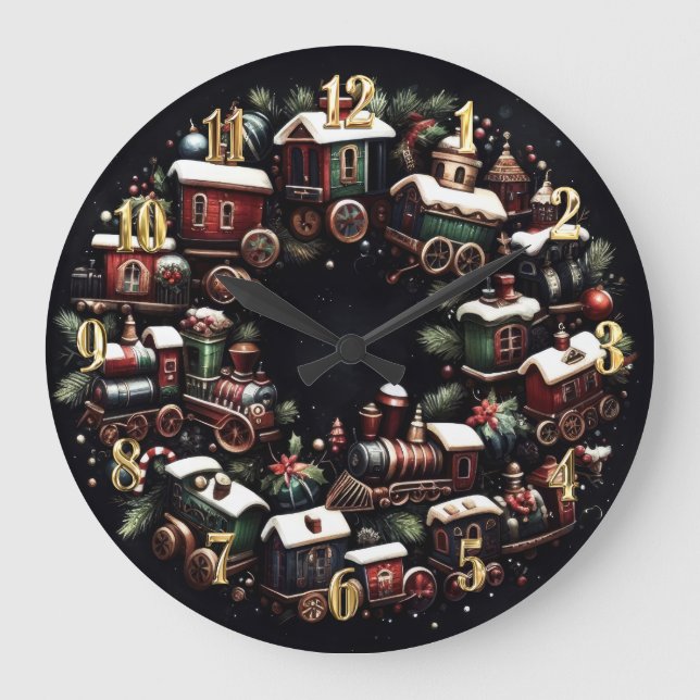 Watercolor Trains on Black Christmas Large Clock (Front)