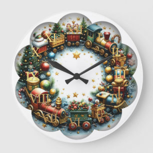 Watercolor Trains on White Christmas Large Clock