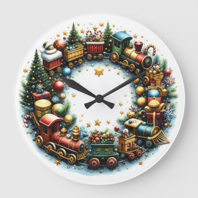 Watercolor Trains on White Christmas Large Clock (Front)