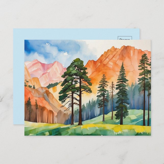 Watercolor Tranquil Mountains Springtime Scenery Postcard (Front/Back)