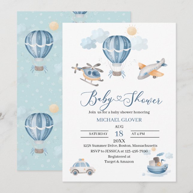 Watercolor Transport baby shower Invitation (Front/Back)