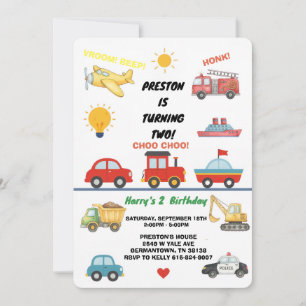 Watercolor Transportation 2nd Birthday Invitation