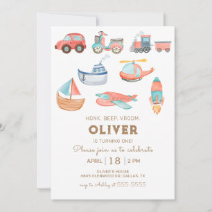 Watercolor Transportation Boy Birthday Party Invitation