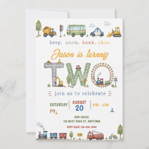 Watercolor Transportation Kids 2nd Birthday Invitation