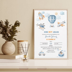 Watercolor Transportion birthday baby shower Invitation