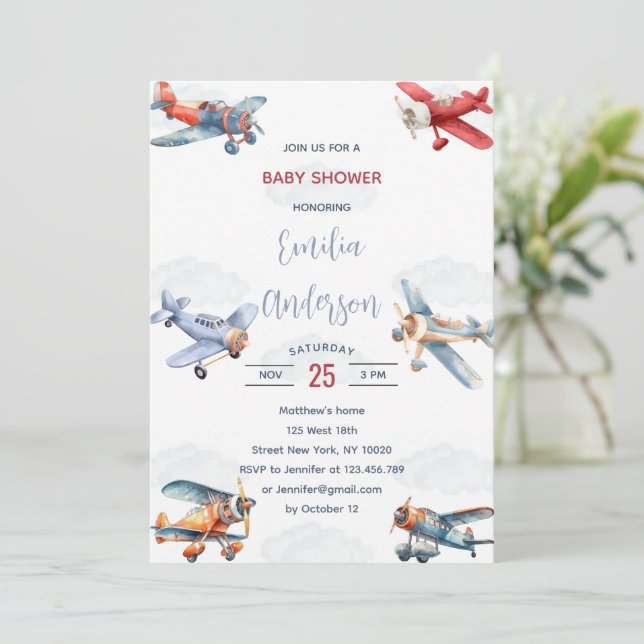 Watercolor Travel Aeroplane Clouds Baby Shower Invitation (Standing Front)