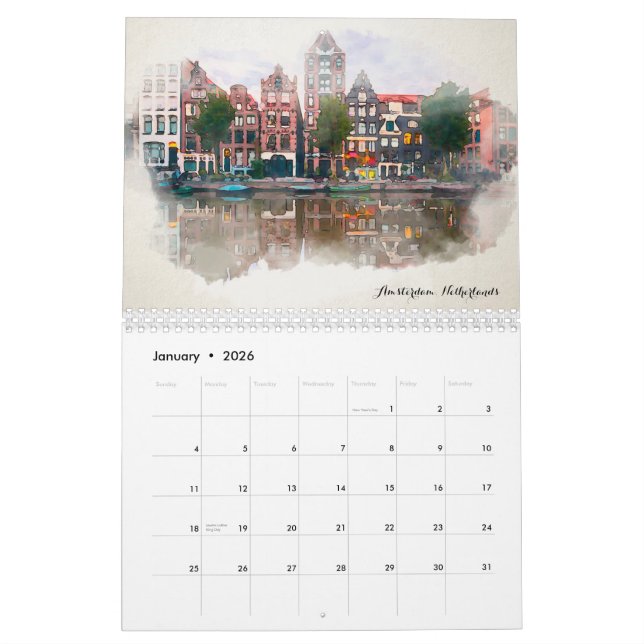 Watercolor Travel Europe Cities 2023 Calendar (Jan 2026)