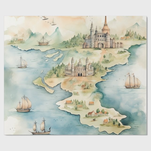 Watercolor Travel Map Wrapping Paper (Flat)