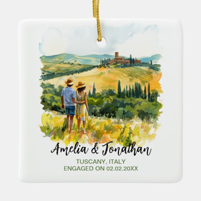 Watercolor Travel Painting Couple Tuscany Italy Ceramic Ornament (Front)