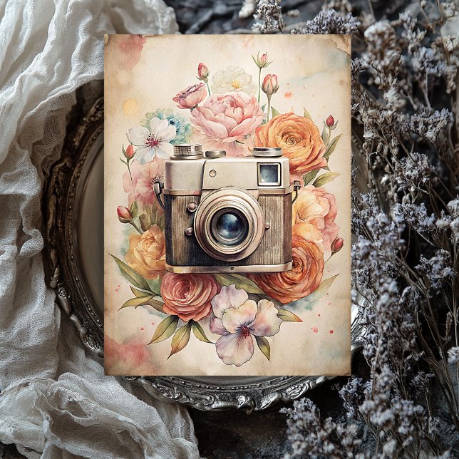 Watercolor travel retro camera old photos roses tissue paper (Watercolor travel retro camera old photos roses tissue paper)