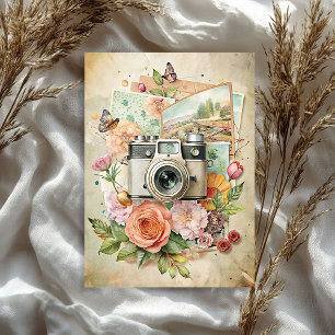 Watercolor travel retro camera old photos roses tissue paper