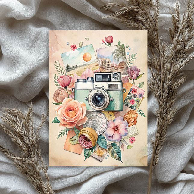 Watercolor travel retro camera old photos roses tissue paper (Watercolor travel retro camera old photos roses tissue paper)