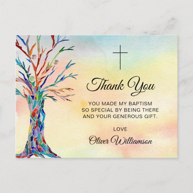 Watercolor Tree Baptism Christening Thank You Postcard (Front)