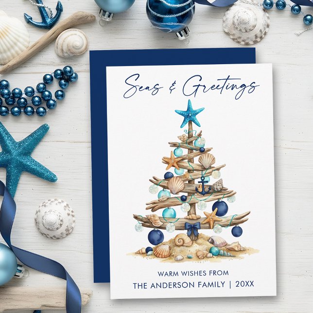 Watercolor Tree Beach Seas and Greetings Blue Holiday Card (Customize to change your personalized text size or text style.)