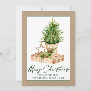 Watercolor Tree Calligraphy Ink Minimalist Kraft Holiday Card
