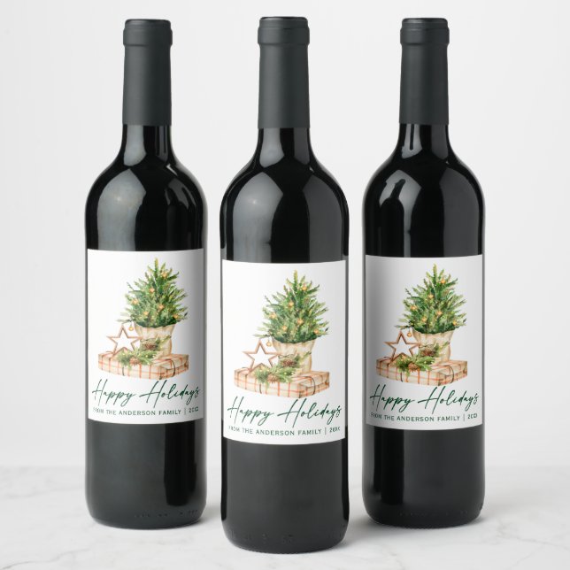 Watercolor Tree Calligraphy Ink Script Holiday Wine Label (Bottles)