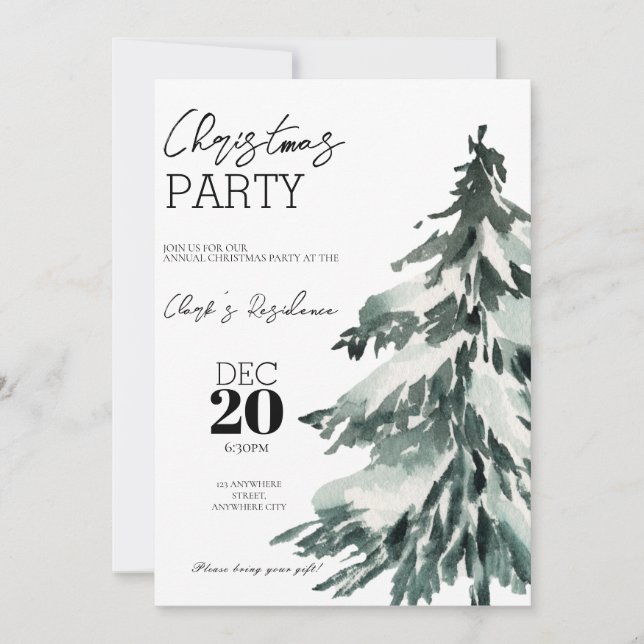 Watercolor Tree Christmas Holiday Party Invitation (Front)