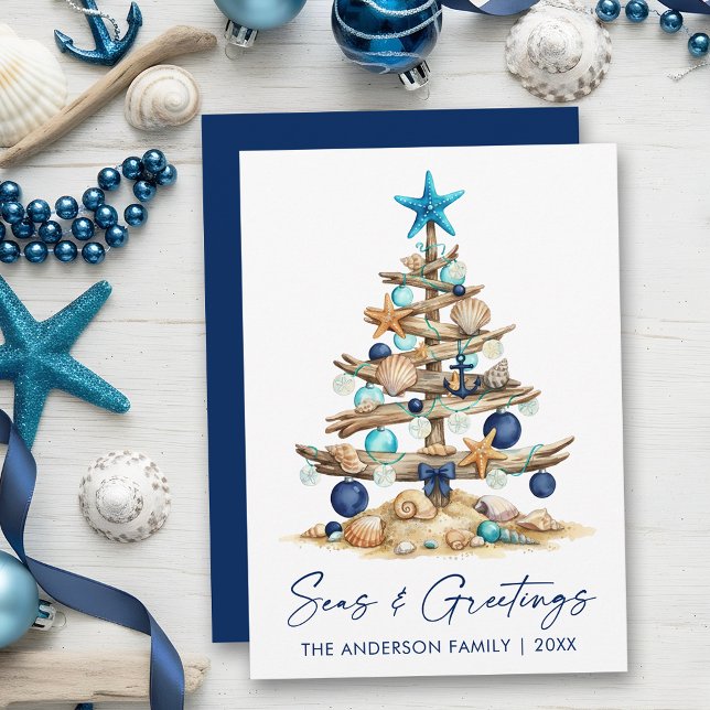 Watercolor Tree Coastal Seas and Greetings Blue Holiday Card (Customize to change your personalized text size or text style.)
