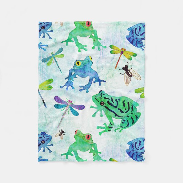 Watercolor Tree Frogs Dragonfly Nature Fleece Blanket (Front)