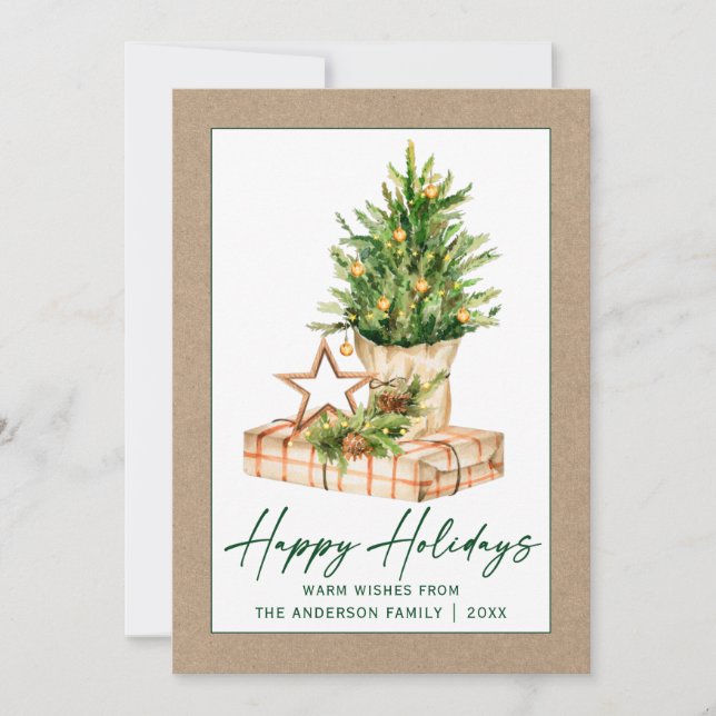 Watercolor Tree Kraft Calligraphy Green Ink Script Holiday Card (Front)