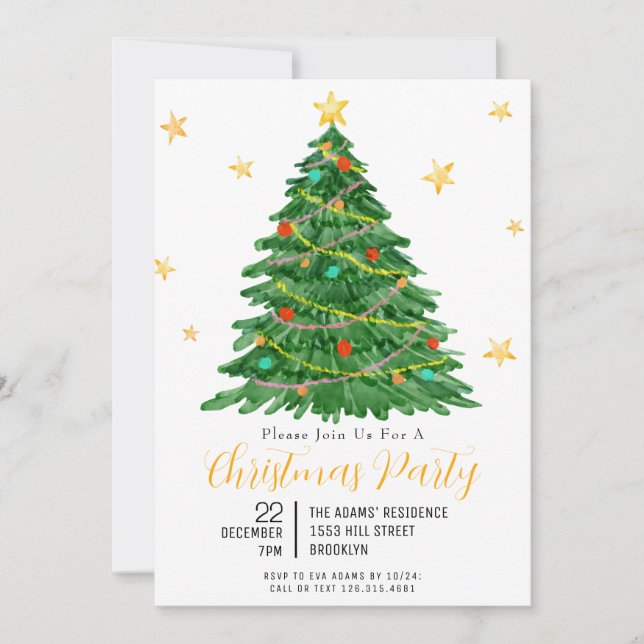 Watercolor Tree Merry Christmas Party Invitation (Front)