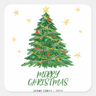 Watercolor Tree Merry Christmas Sticker