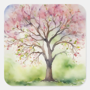 Watercolor Tree Painting Square Sticker