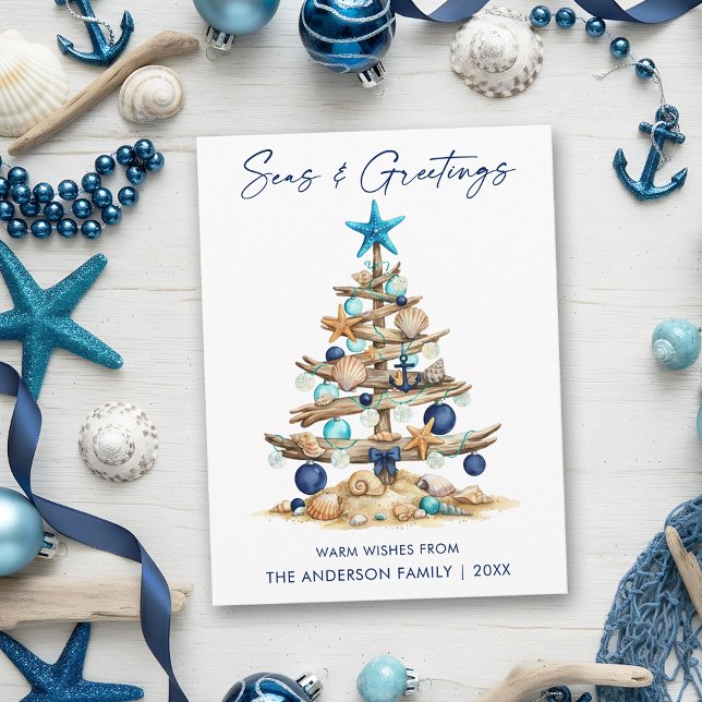 Watercolor Tree Seas and Greetings Beach Holiday Postcard (Customize to change your personalized text size or text style.)