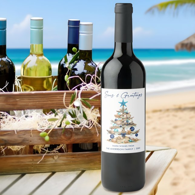 Watercolor Tree Seas and Greetings Beach Holiday Wine Label (Customize to change your personalized text size or text style.)