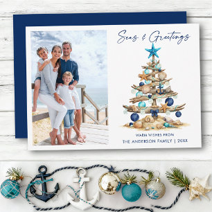 Watercolor Tree Seas and Greetings Photo Beach Holiday Card