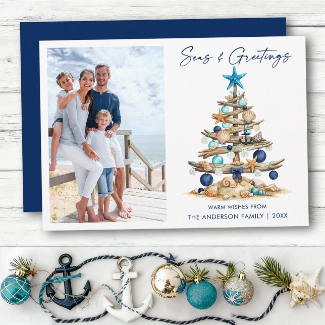 Watercolor Tree Seas and Greetings Photo Beach Holiday Card (Customize to change your personalized text size or text style.)