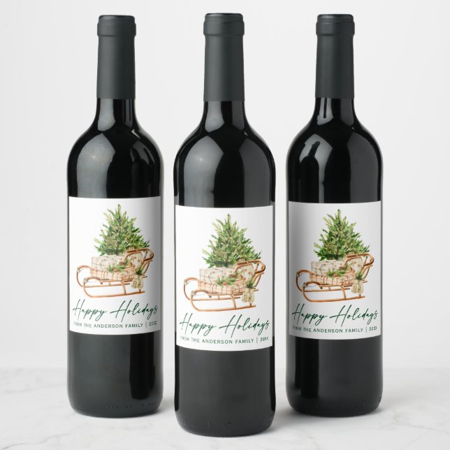 Watercolor Tree Sleigh Calligraphy Ink Holiday Wine Label (Bottles)