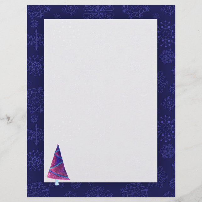 Watercolor Tree Snowflakes Christmas Letter Paper (Front)