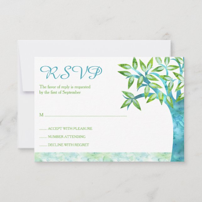 Watercolor Tree Teal Green Bat Mitzvah RSVP (Front)
