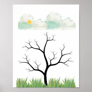 Watercolor Tree with Clouds and Sun , Nature Poster