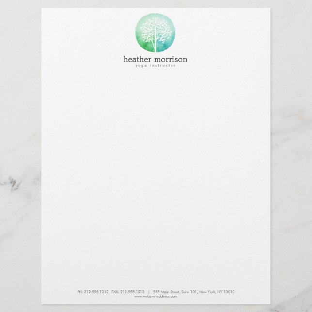 Watercolor Tree Yoga and Wellness Custom Letterhead (Front)