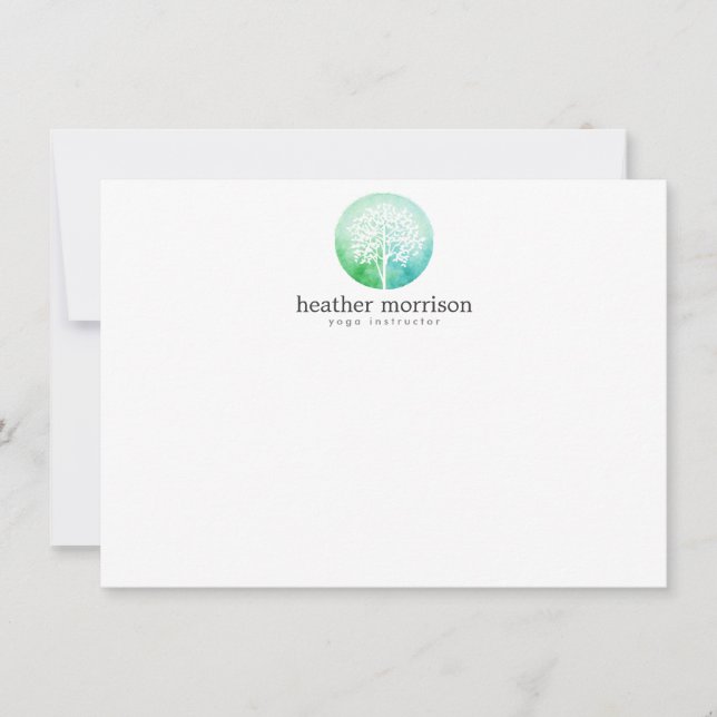Watercolor Tree Yoga and Wellness Flat Notecard (Front)