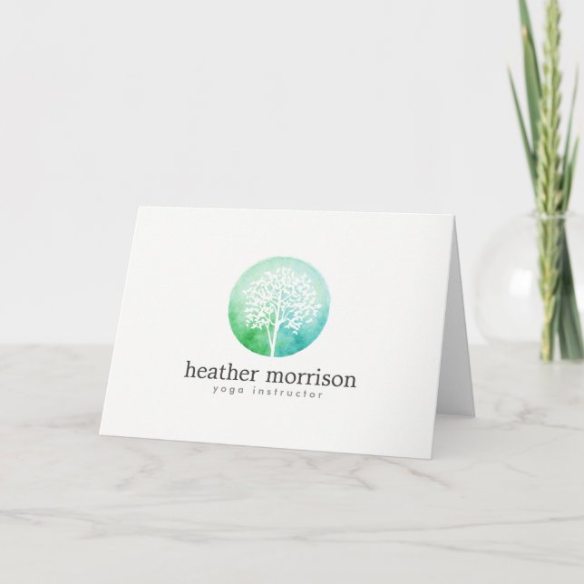 Watercolor Tree Yoga and Wellness Folded Notecard (Front)