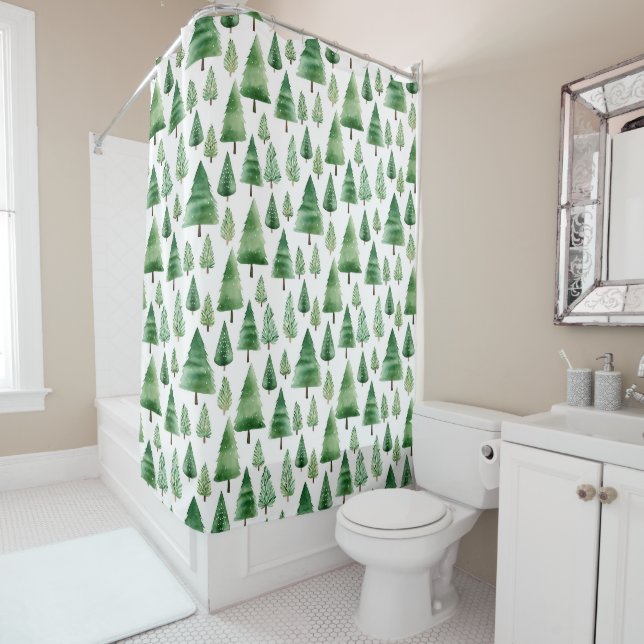 Watercolor Trees Country Shower Curtain (In Situ)