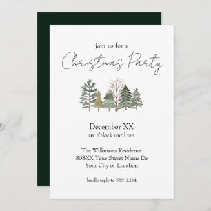 Watercolor Trees & Elegant Script Christmas Party Invitation