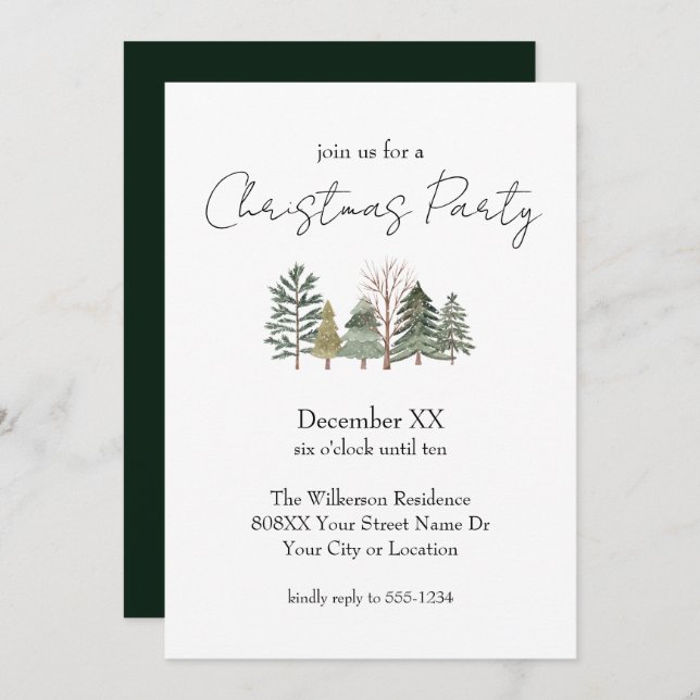 Watercolor Trees & Elegant Script Christmas Party Invitation (Front/Back)