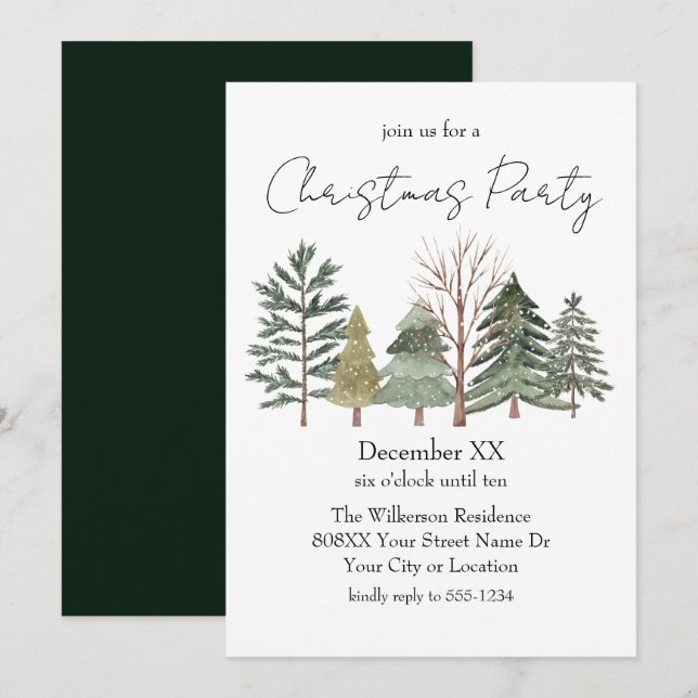 Watercolor Trees & Elegant Script Christmas Party Invitation (Front/Back)