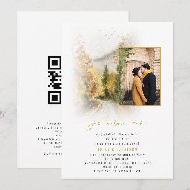 Watercolor Trees Photo QR Join Us Evening Wedding Invitation (Front/Back)